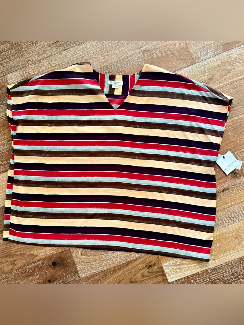 Liz Claiborne NWT Striped V-Neck Boxy Short Sleeved Multicolor Blouse Top Sz 1X